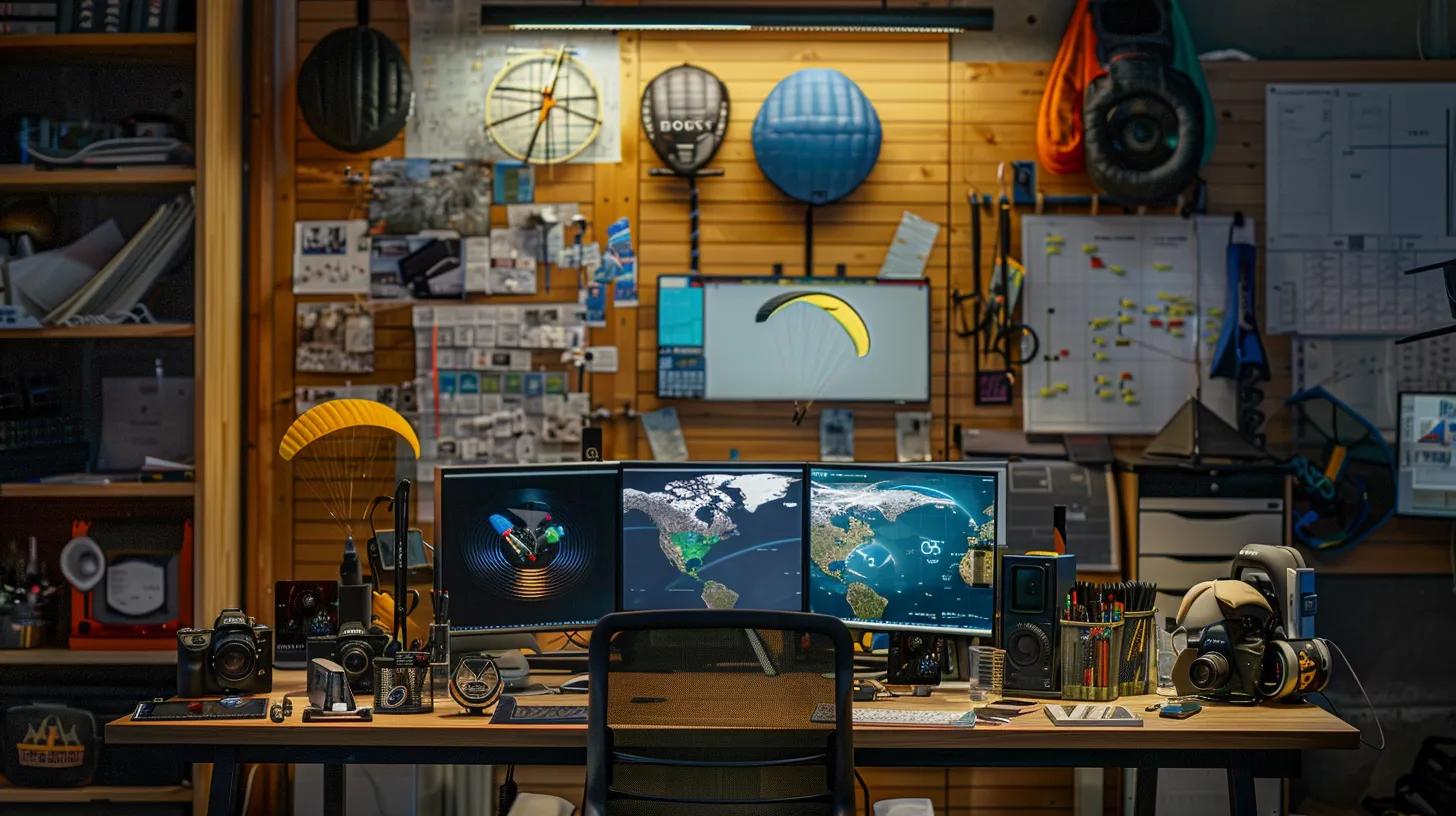 a dynamic workspace featuring a sleek, modern desk cluttered with paragliding equipment, detailed comparison charts, and brand logos, illuminated by focused task lighting to emphasise the meticulous assessment of performance and comfort.