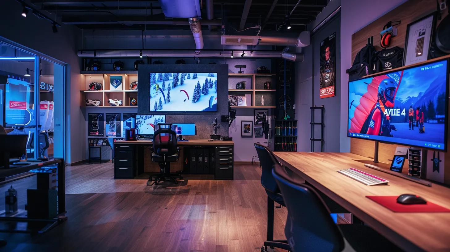 a sleek, modern office interior showcases a high-tech workstation displaying the paragliding shop's immersive website on a large monitor, surrounded by dynamic images of paragliding equipment and enthusiastic customer testimonials, all under vibrant, focused lighting that highlights the commitment to quality and innovation in the sport.