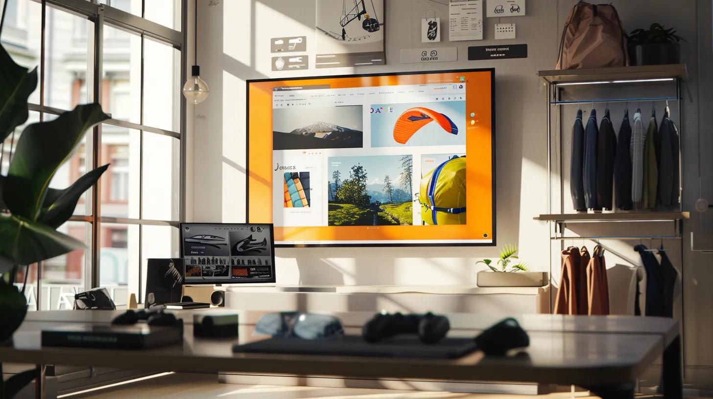 a sleek, modern online shopping interface displayed on a large screen in a minimalist office, featuring vibrant paragliding gear images and clear product comparisons, illuminated by soft, ambient lighting.