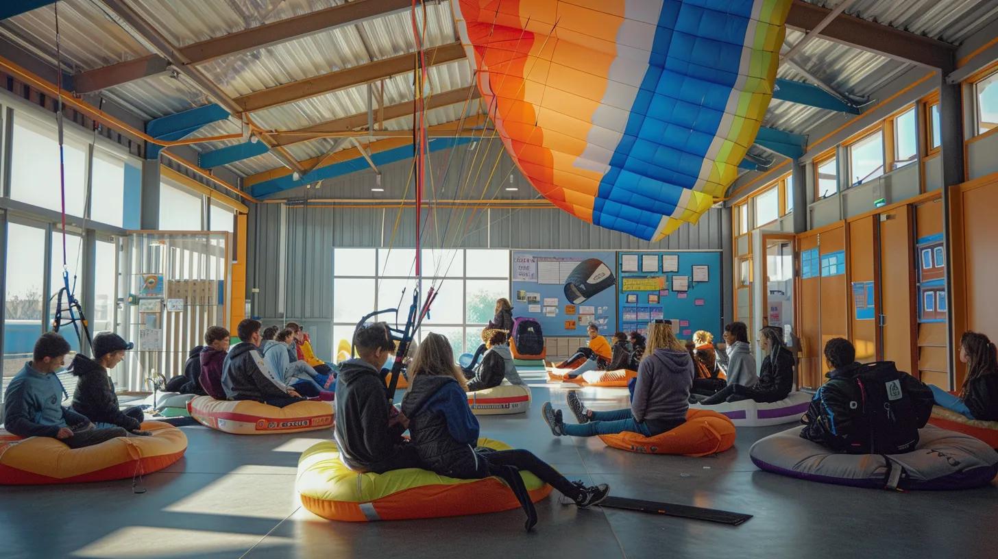 a vibrant indoor classroom setting featuring diverse students engaged in a dynamic paragliding lesson, with instructional charts and flight gear prominently displayed, emphasizing safety and skill development in an australian context.