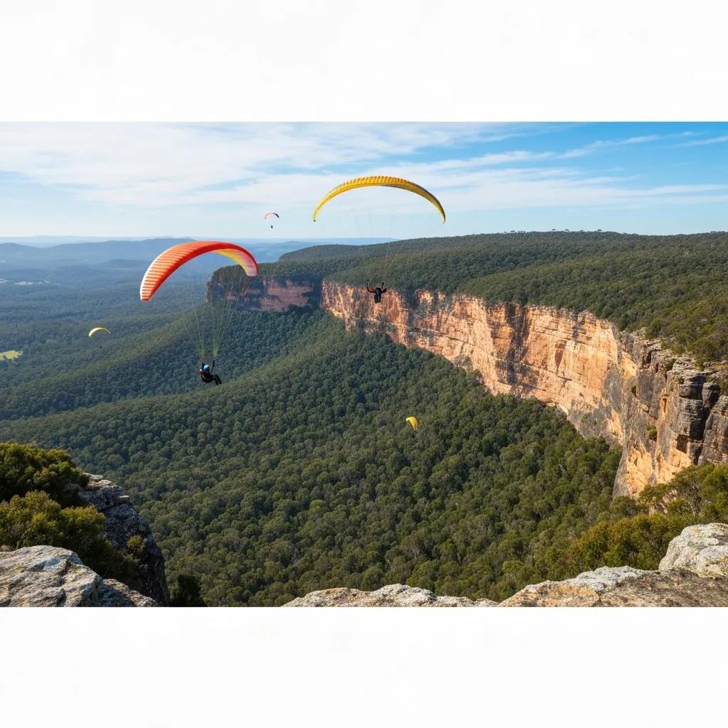 A breathtaking panoramic view of an Australian paragliding location, showcasing the sport's beauty and adventurous spirit