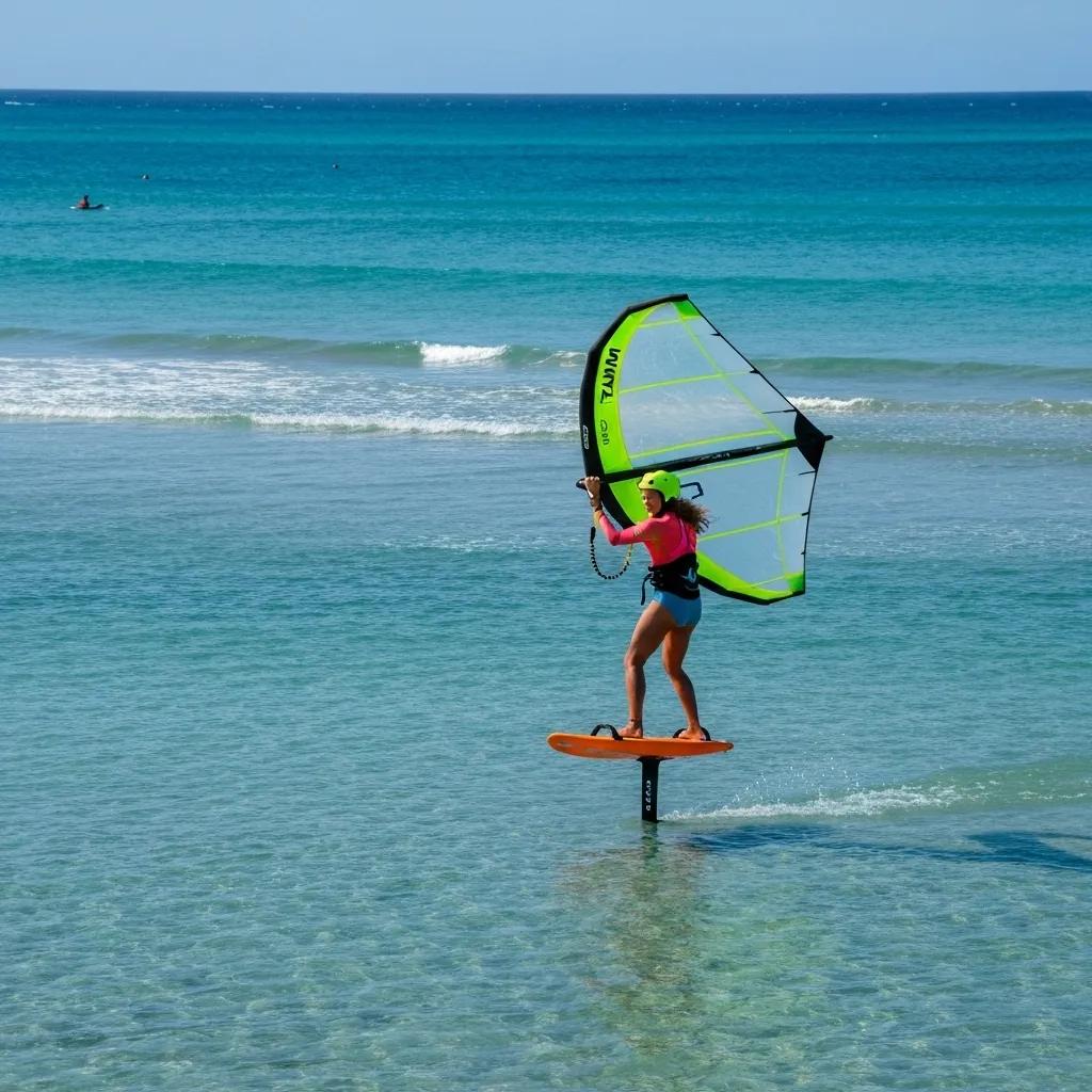 A beginner wing foiler practicing on an Australian beach with Takuma equipment, learning the basics