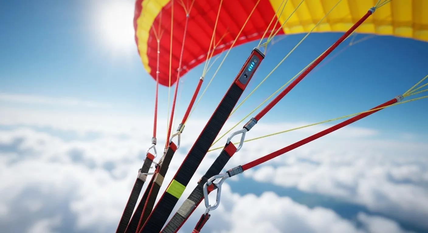 Close-up view of cutting-edge paragliding safety equipment, showcasing innovations like smart reserve parachutes and integrated sensors