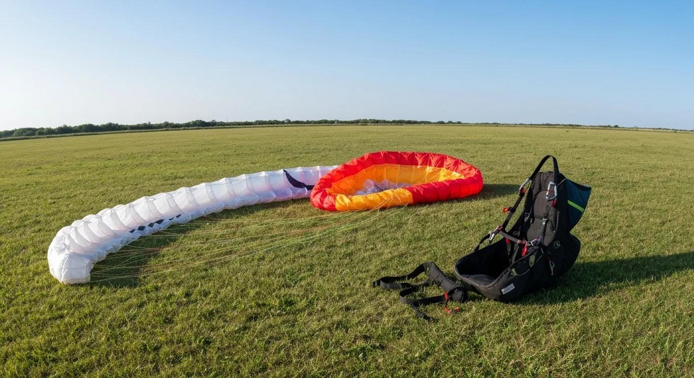 Essential paragliding safety equipment including a main wing, reserve parachute, and harness, arranged on a grassy launch site