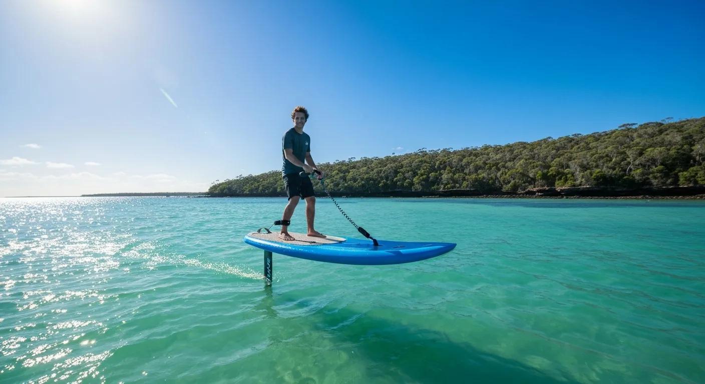 The Takuma Cruising 2 efoil board, specifically designed for beginner efoilers, shown on calm Australian waters