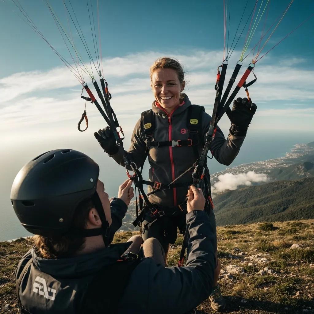 Certified paragliding pilot briefing a passenger on safety measures