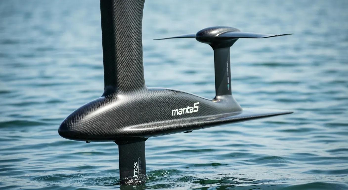 Close-up of Manta5 SL3 Electric Hydrofoil Bike highlighting carbon-fiber frame and hydrofoil technology